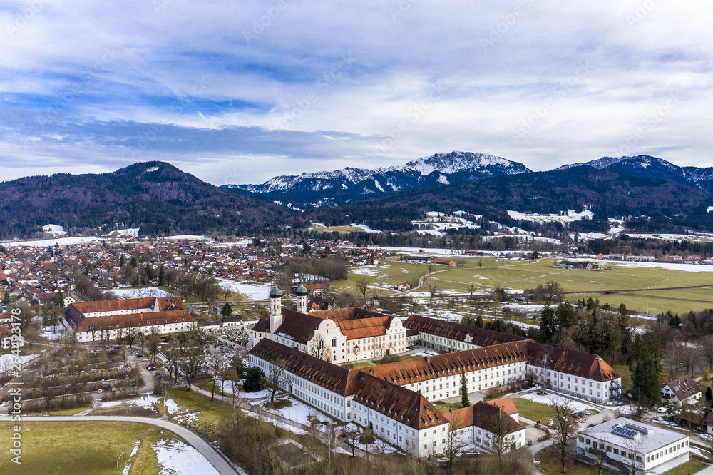 Naklejka premium Monastery Church of St. Benedict and Monastery Benediktbeuren, former Benedictine Abbey, Bad Tölz-Wolfratshausen district, Bavaria, Germany