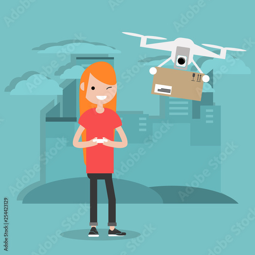 Drone delivery service. Young character controlling a drone with a remote controller.Flat cartoon designClip art