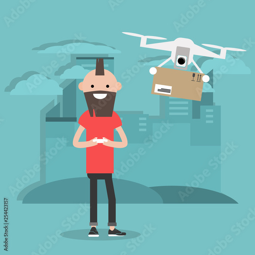 Drone delivery service. Young character controlling a drone with a remote controller.Flat cartoon designClip art