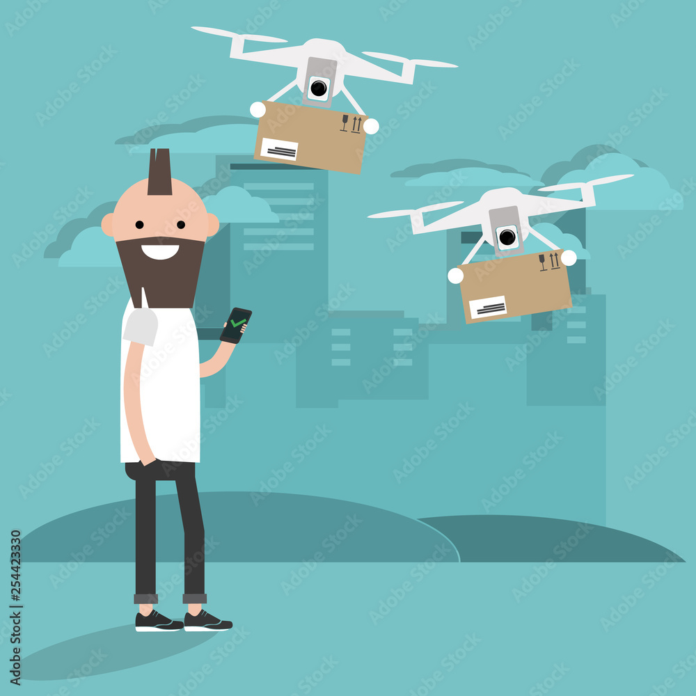 Drone delivery service. Young character using the app to receive the parcel.Flat cartoon designClip art