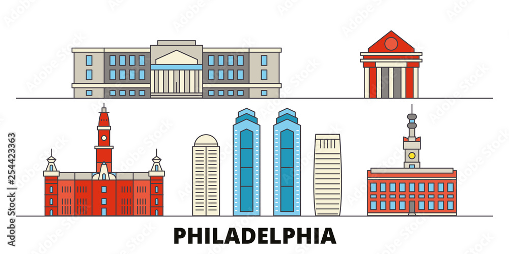 United States, Philadelphia flat landmarks vector illustration. United States, Philadelphia line city with famous travel sights, design skyline.