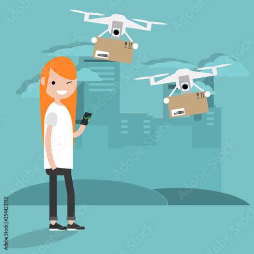 Drone delivery service. Young character using the app to receive the parcel.Flat cartoon designClip art