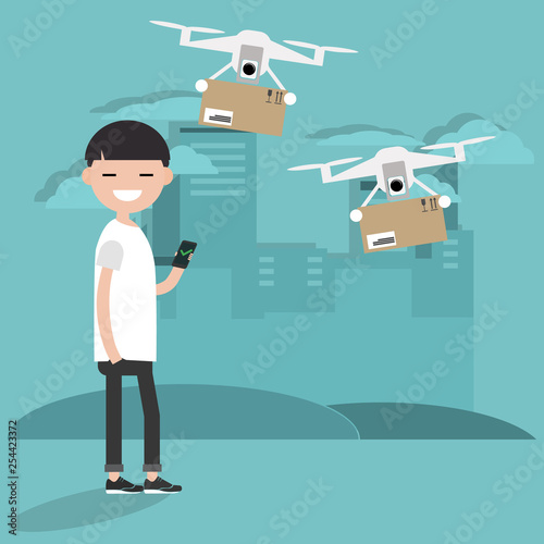 Drone delivery service. Young character using the app to receive the parcel.Flat cartoon designClip art