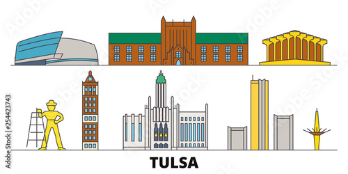 United States, Tulsa flat landmarks vector illustration. United States, Tulsa line city with famous travel sights, design skyline. 