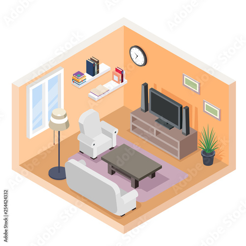 Isometric hall tv couch sofa bookshelf modern furniture room cutaway flat design isolated concept vector illustration