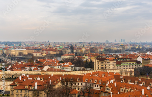 Prague, Czech Republic. View of rooftops of historical buildings on winter of Old Town from Prague Castle view point.