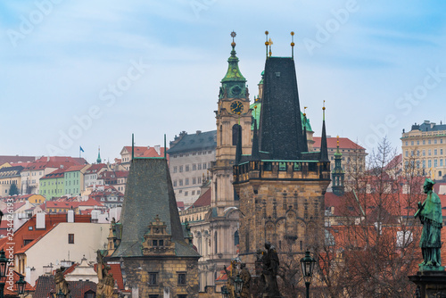 Prague, Czech Republic. Tops of the buildings and the Mala Strana Bridge Towers of the Charles bridge.
