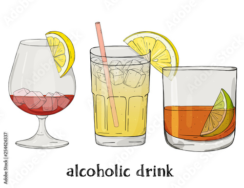 Set of three alcoholic beverages. Colorful vector illustration in sketch style.