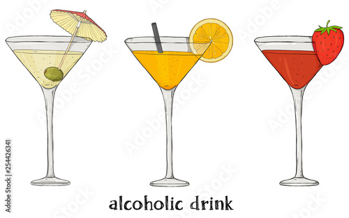 Set of three cocktails. Colorful vector illustration in sketch style.
