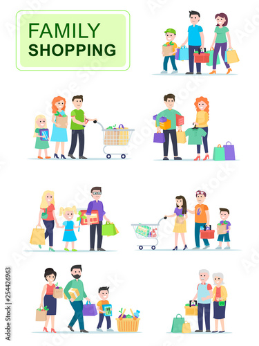 Set of people carrying shopping bags with purchases. Men and women go shopping with their children, sales in stores. Cartoon characters isolated on white background. Flat vector illustration.