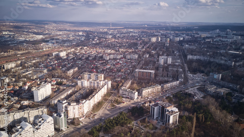 Aerial view of drone flying over city