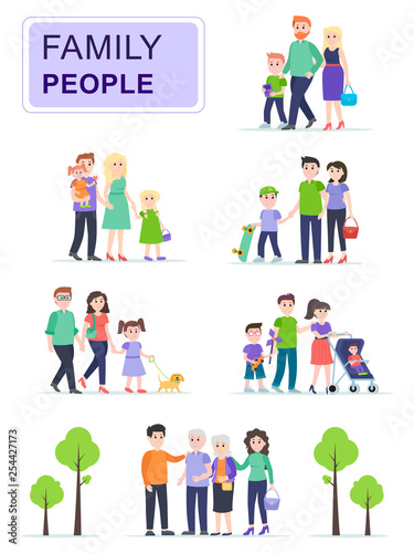 Set of happy traditional families with children. Family went for a walk with kids in the park. Cartoon characters isolated on white background. Flat vector illustration.
