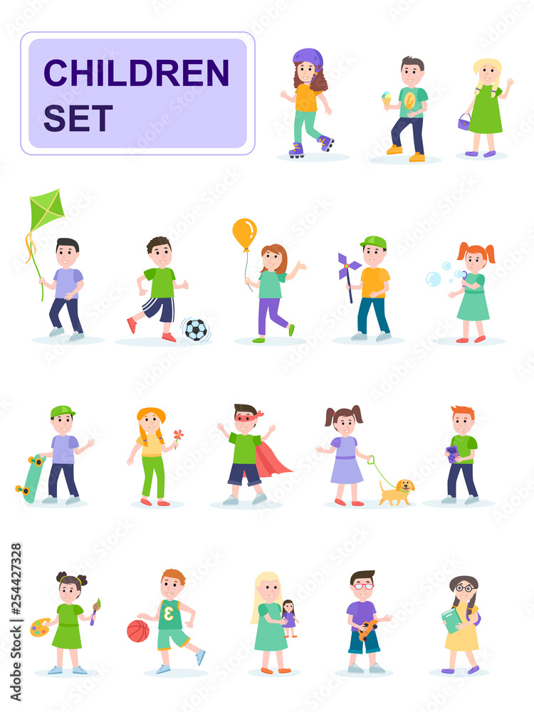 Set of children in different poses and different activities. Kids playing ball, rollerblading, painting. Cartoon characters isolated on white background. Flat vector illustration.