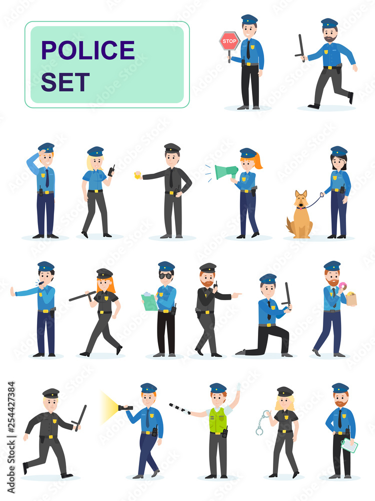Set of police officers doing their job. Men and women policemen in different poses handcuff violators. Cartoon characters isolated on white background. Flat vector illustration.