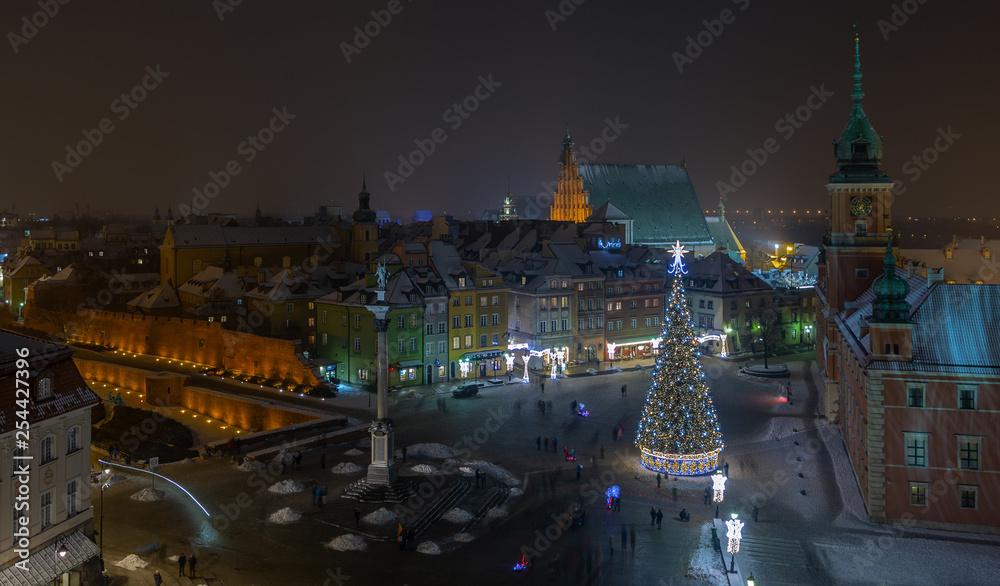 Aerial view of the old city in Warsaw at night