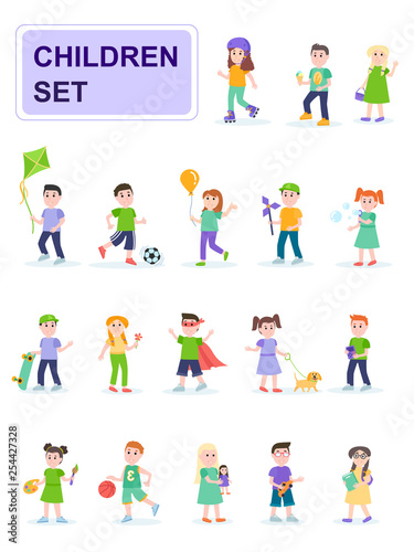 Set of children in different poses and different activities. Kids playing ball, rollerblading, painting. Cartoon characters isolated on white background. Flat vector illustration.