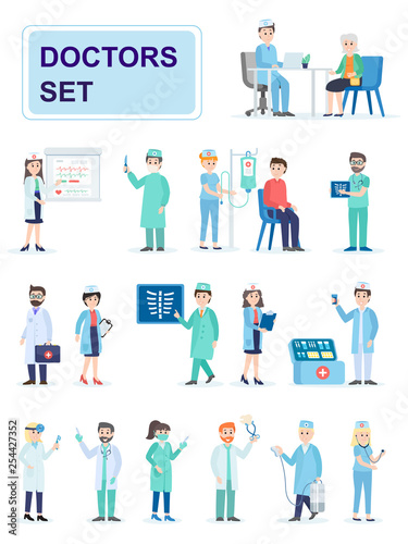 Set of hospital medical staff standing together. Male and female medicine workers doctors, paramedics, nurses. Cartoon characters isolated on white background. Flat vector illustration.