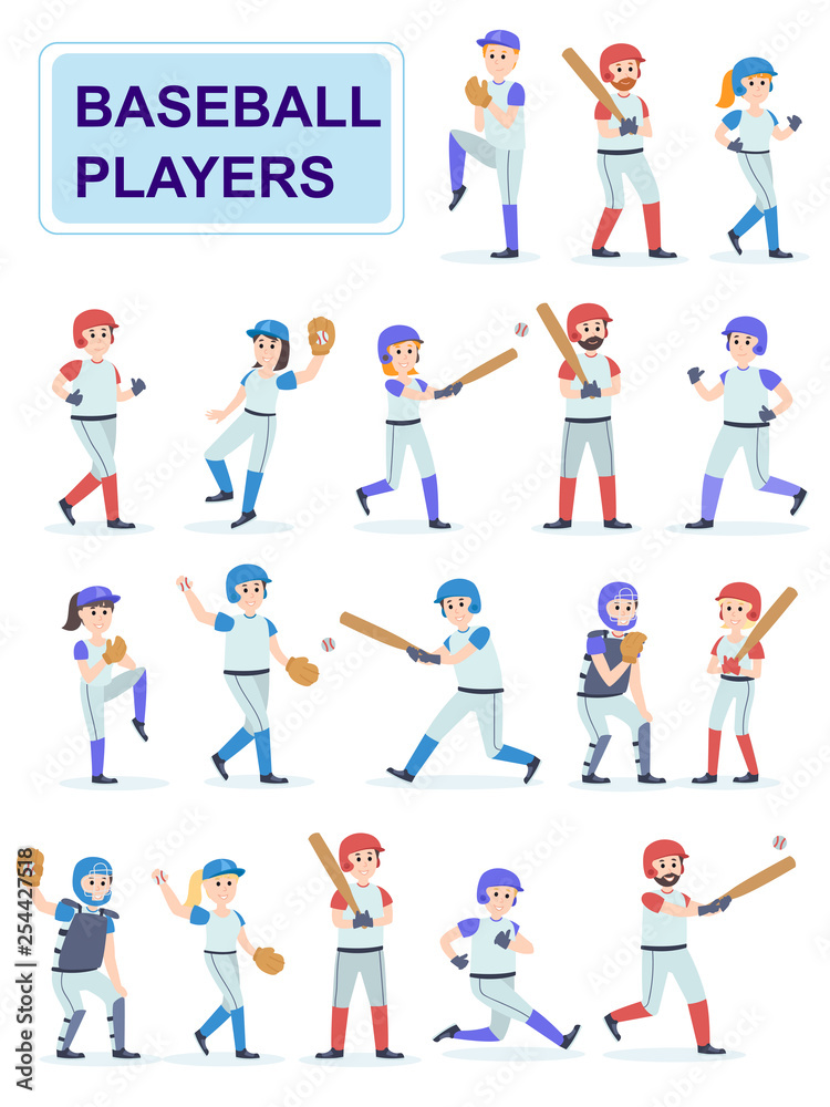 Set of baseball players at classic uniform. Men and girls play baseball serve and beat off a ball. Cartoon characters isolated on white background. Flat vector illustration.