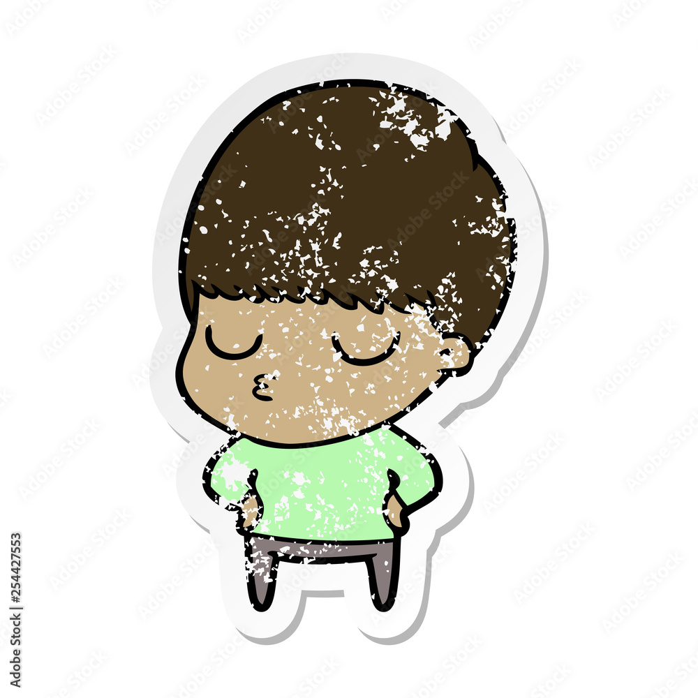 distressed sticker of a cartoon calm boy distressed sticker of a cartoon calm boy