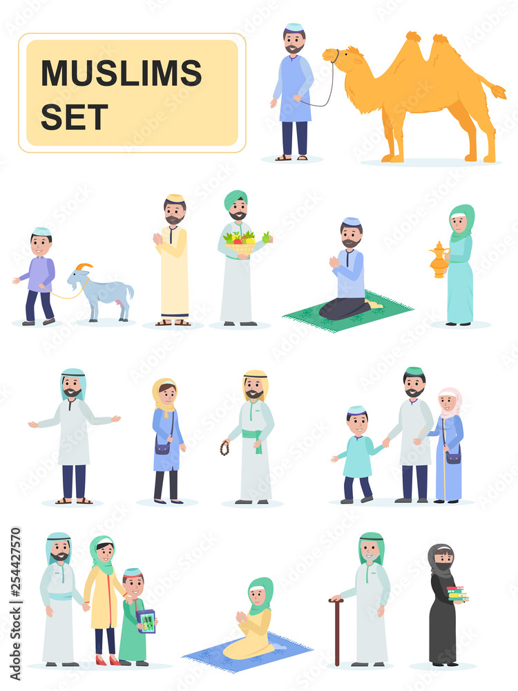 Set of muslims in national dress. Men and women muslims traditional family. Cartoon characters isolated on white background. Flat vector illustration.