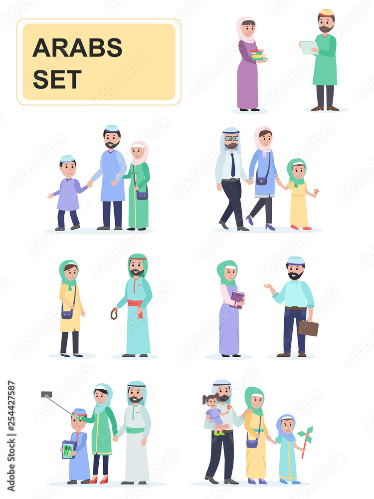 Set of Arabs in national dress. Men and women Arabs traditional family. Cartoon characters isolated on white background. Flat vector illustration.