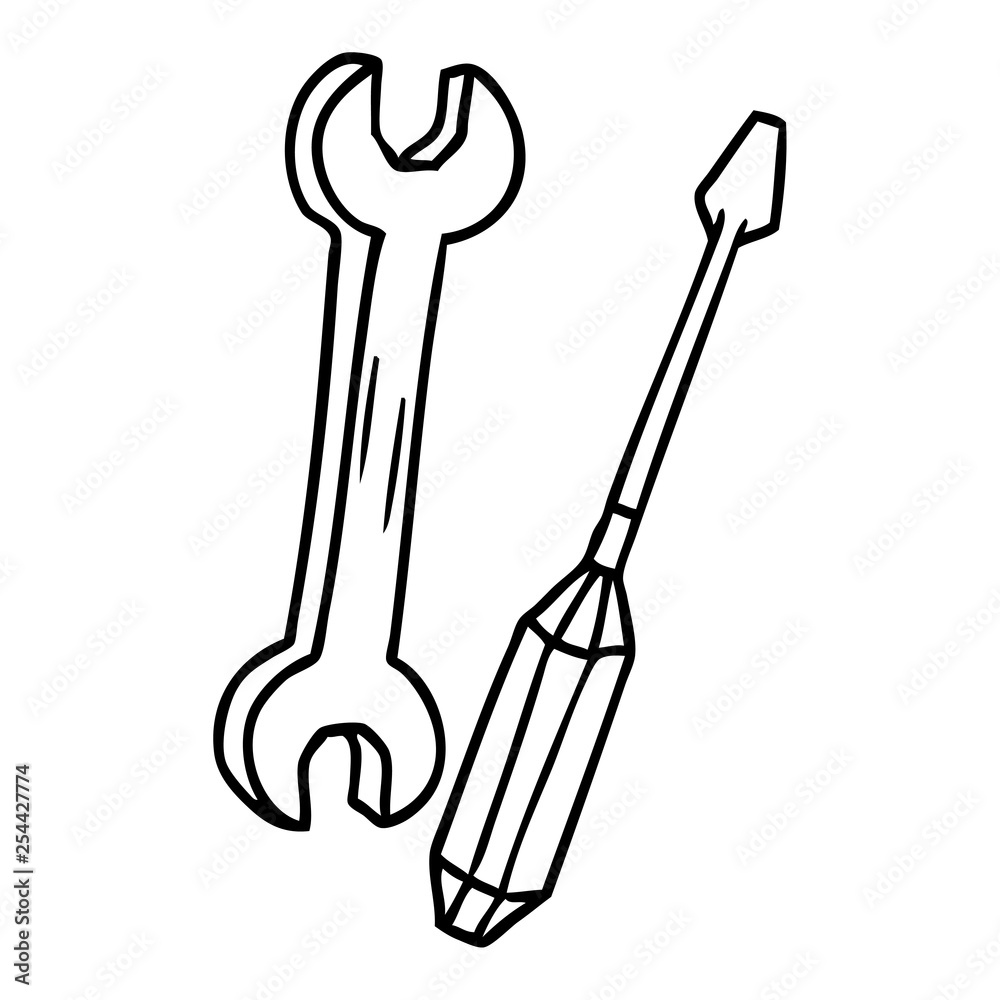 line drawing doodle of a spanner and a screwdriver line drawing doodle of a spanner and a screwdriver
