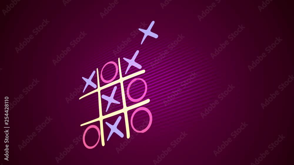 Exciting 3d rendering of a tic tac toe game with a white grid, pink and celeste marks, a winning diagonal end and a long line in the purple background. It looks optimistic and fine.