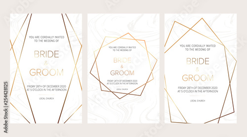 Luxury wedding invitation cards with marble texture and gold geometric pattern vector design template.Trendy wedding invitation.All elements are isolated and editable. photo