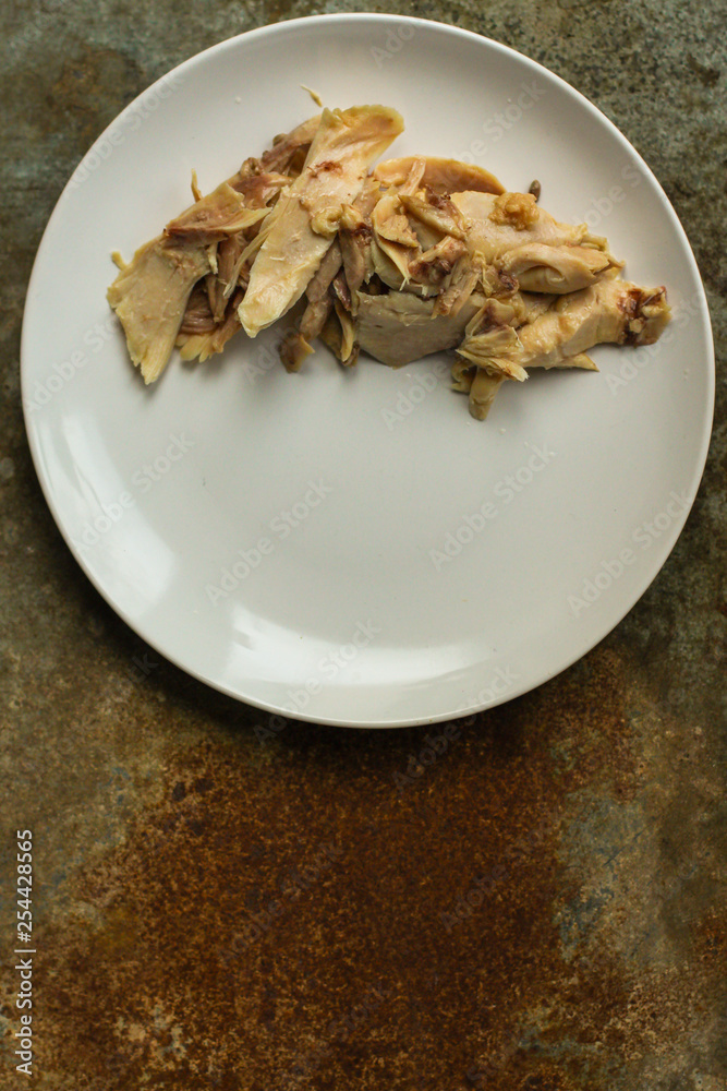 chicken legs (boiled chicken meat). top  food background. copy space