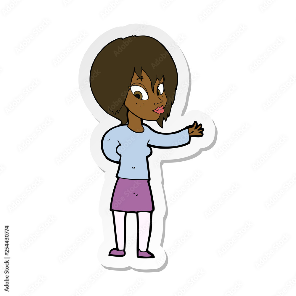 sticker of a cartoon woman making welcome gesture sticker of a cartoon woman making welcome gesture