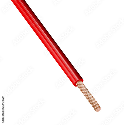 Flexible electrical copper cable isolated on white background. cable with red colored insulation. Close-up section. Power wire.