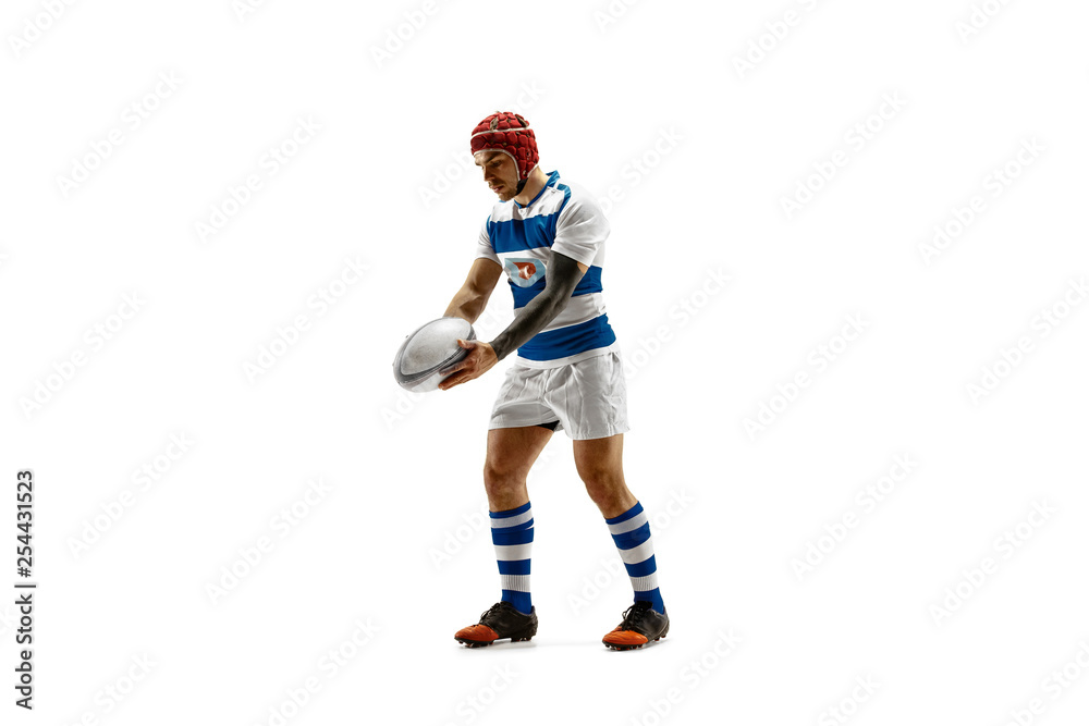 The silhouette of one caucasian rugby man player isolated on white background. Studio shot of fit man in motion or movement with ball. Jump and action concept. An incredible strain of all forces. The silhouette of one caucasian rugby man player isolated on white background. Studio shot of fit man in motion or movement with ball. Jump and action concept. An incredible strain of all forces.