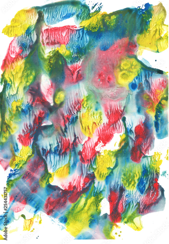 Colors splashes watercolor paper background. Hand drawn painting backdrop. Abstract texture. red, yellow, blue colors brush splash. Trend colors. Light clouds, ice