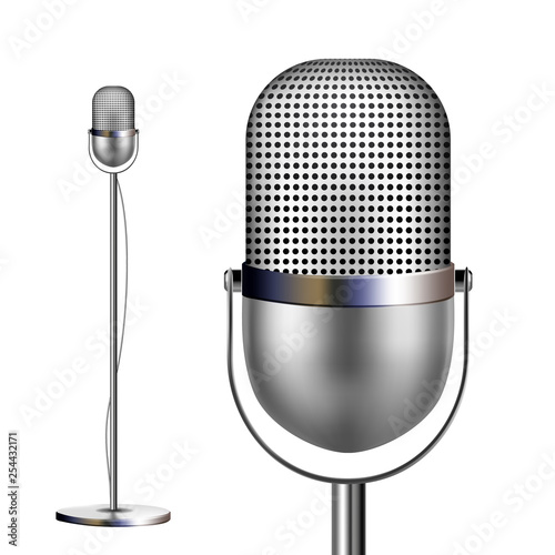 Retro Chrome Microphone With Stand Vector. Musical Symbol. Performance Object. Mic Isolated. Illustration