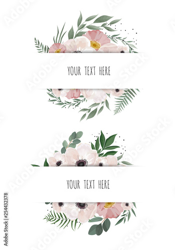 Horisontal botanical vector design banner. Pink rose, eucalyptus, succulents, flowers, greenery. Natural spring card or frame. photo