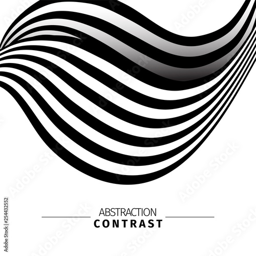 Abstract black and white 3d waves color background with text space. Wavy backdrop composition. Monochrome wave-like drawing. Contrast stripes vector illustration. Minimalistic poster concept