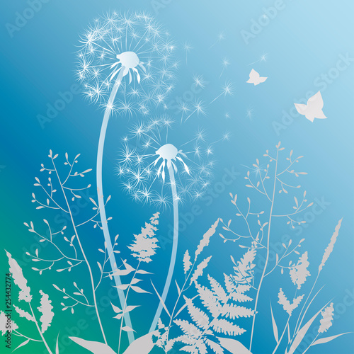 Abstract blue pastel background with wild herbs and dandelions. Floral background. Botanical composition. Vector illustration.