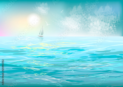 Seascape with boat at dawn. Abstract sea. Sea background with waves and sun.  Vector illustration.