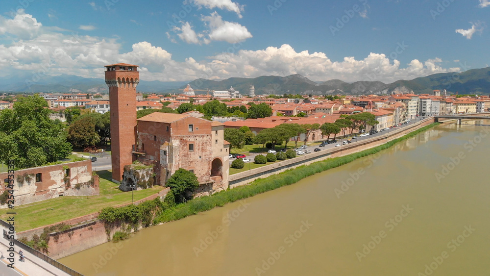 Pisa, Italy. Aerial view of beautiful medieval cityscape and Lungarni from Citadel Tower
