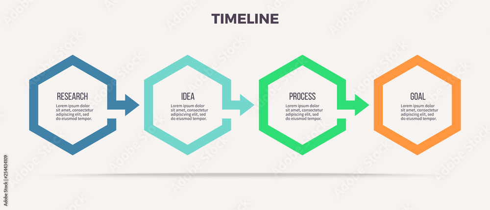 Business infographics. Timeline with 4 steps, options, hexagons. Vector template.