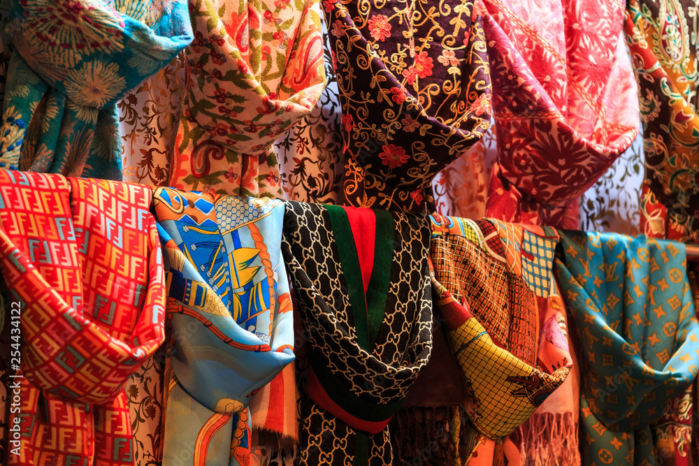 Colorful silk scarves with different patterns which can be found in many shops of the Grand Bazaar, Istanbul.