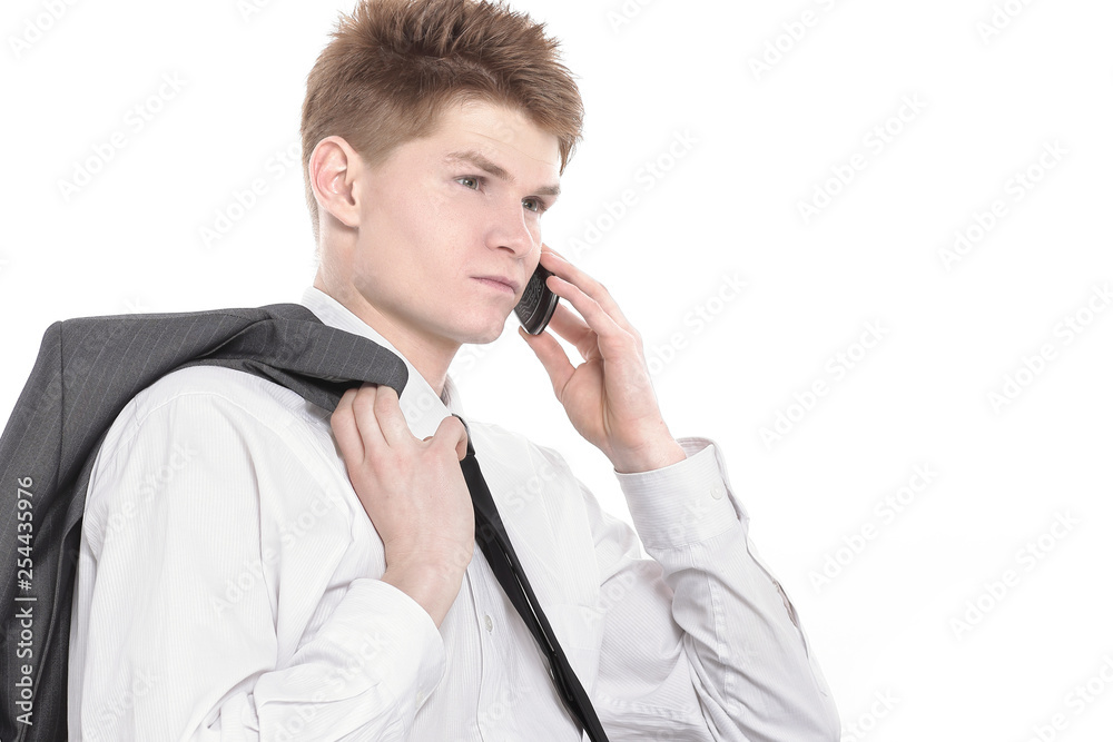 closeup.Manager talking on his mobile phone. isolated on white closeup.Manager talking on his mobile phone. isolated on white