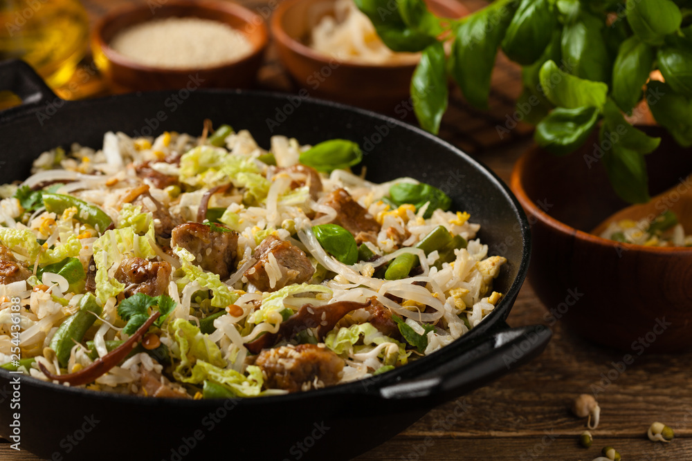 Fried veal, with rice, Chinese cabbage and mushrooms. Sprinkled with sesame and soy sauce. Fried veal, with rice, Chinese cabbage and mushrooms. Sprinkled with sesame and soy sauce.