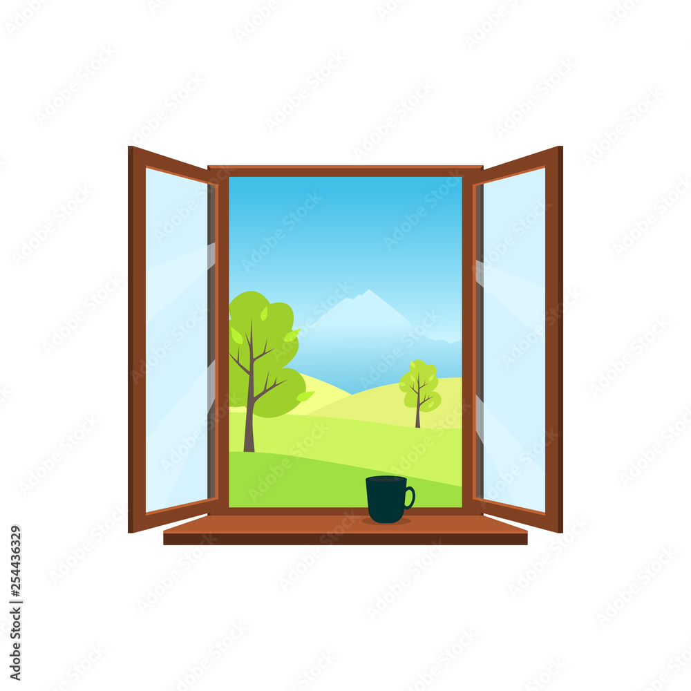 Open window on white background. Open window overlooking the beautiful spring landscape: meadows, mountains, trees. On the windowsill is worth mug. Flat style vector illustration.
