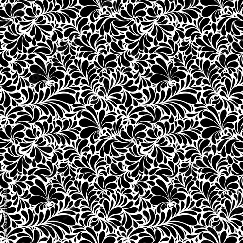 Paisley or Damask Black Floral Seamless Pattern, Vector Ornament. hand drawn seamless pattern. Damask silhouette texture. Floral teardrop motif. Vintage ornate background. Textile, wallpaper