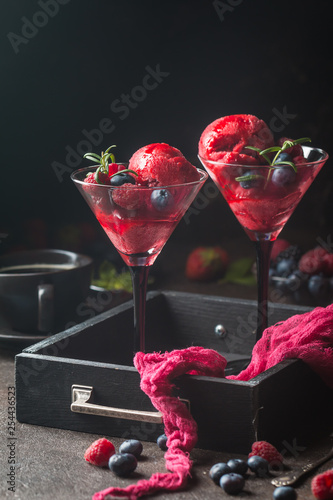 Homemade berry ice cream in Martini glasses with frash berries on a rustic background. photo