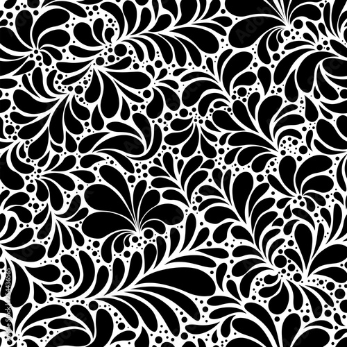 Paisley or Damask Black Floral Seamless Pattern, Vector Ornament. hand drawn seamless pattern. Damask silhouette texture. Floral teardrop motif. Vintage ornate background. Textile, wallpaper