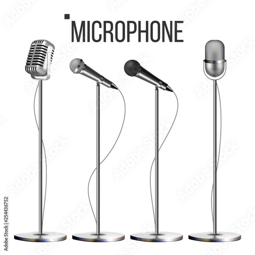 Microphone Set With Stand Vector. Music Icon. Vintage Concert. Modern And Retro. Audio Communication Musical Symbol. Performance Object. Illustration