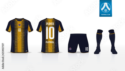 Soccer jersey or football kit template design for sport club. Football t-shirt sport, shorts and socks  mock up. Front and back view soccer uniform. Flat football logo design. Vector Illustration.