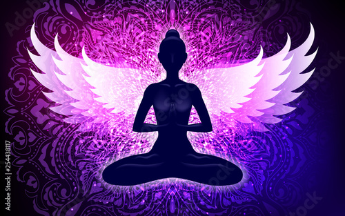 Meditating woman with wings in lotus pose. Yoga illustration.